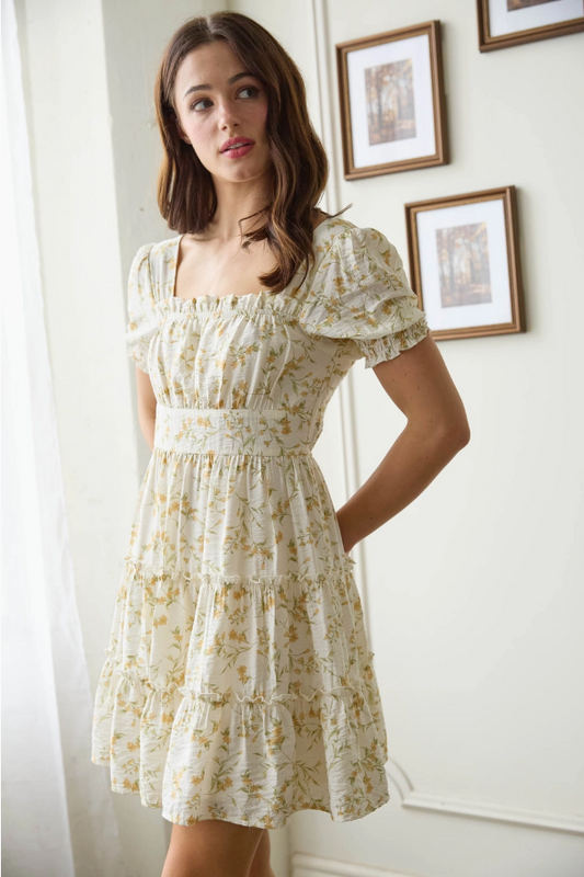 Floral Square neck Smocked detailed tiered mini dress