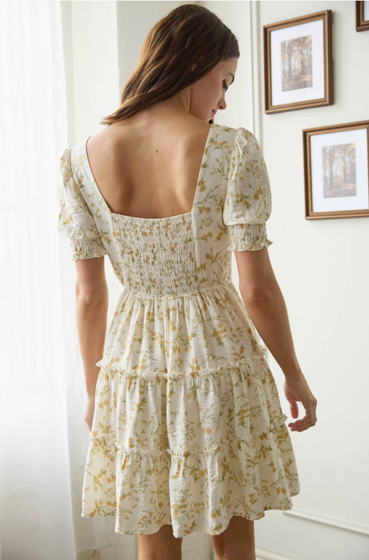 Floral Square neck Smocked detailed tiered mini dress