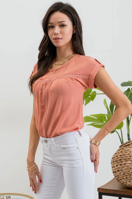 lace trim roll tab sleeve blouse