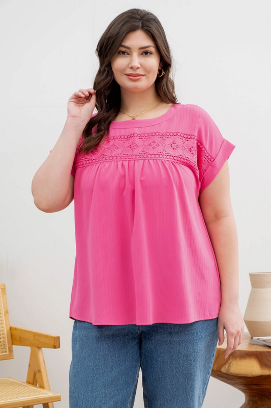 Floral Eyelet Lace Trim Back Button Top