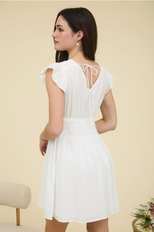 V Neck Shirred Waist ruffle Sleeve Mini Dress