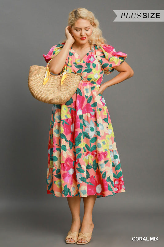 Floral Balloon Sleeve Middi Dress