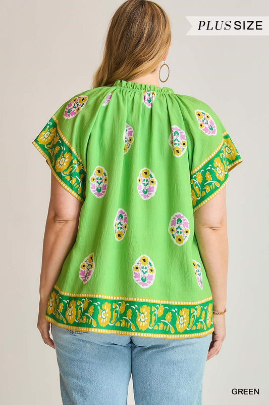 Green Floral & Paisley Peasant Top