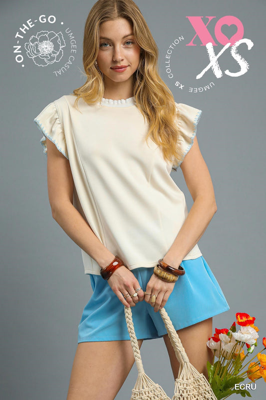 Detailed in Blue Flutter Slv Top