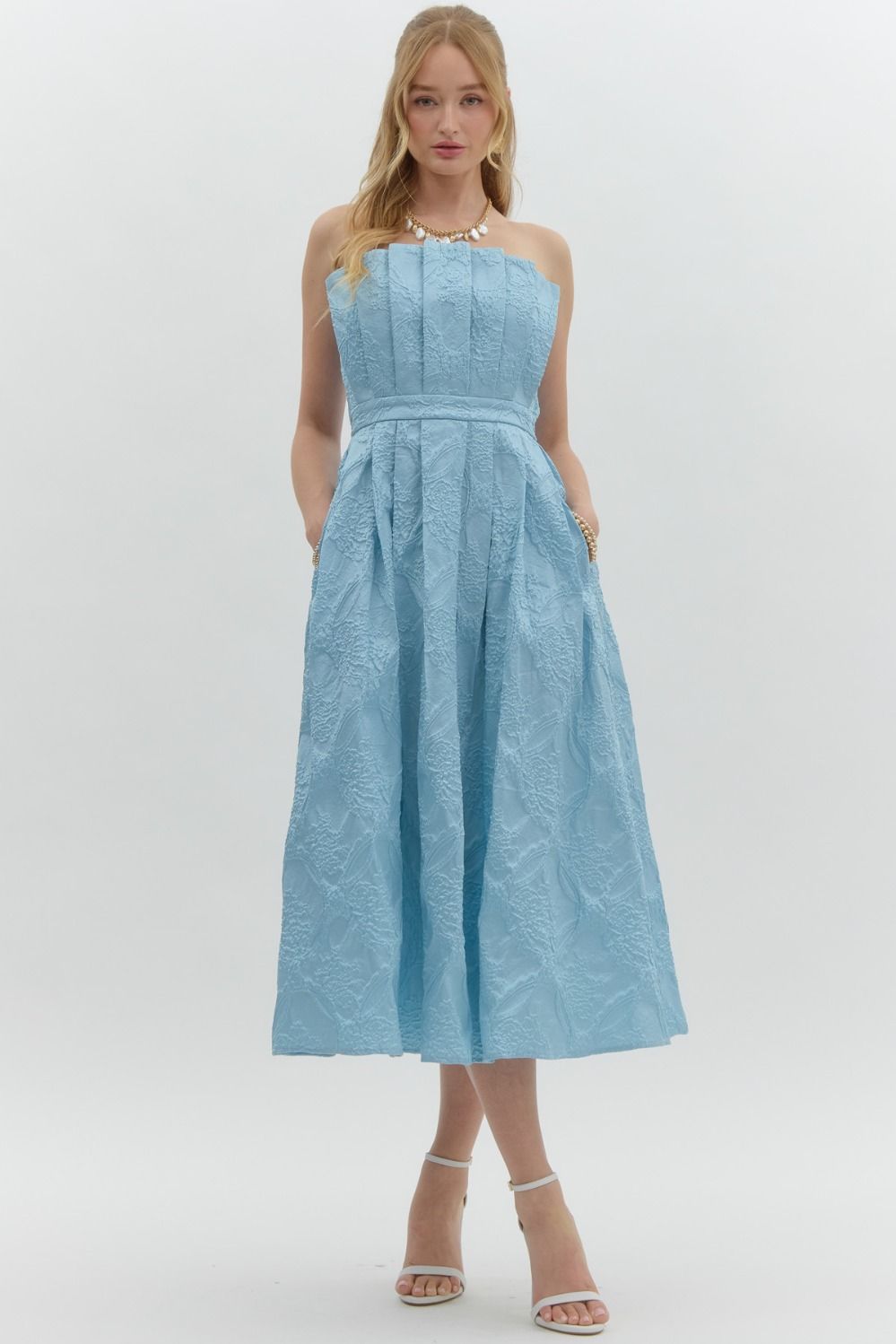 Embossed in Blue Pleated Dress