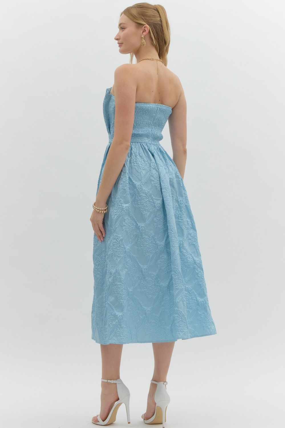 Embossed in Blue Pleated Dress