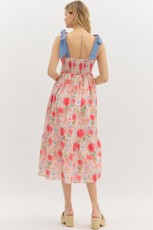Floral Middi with Denim Shoulder Ties