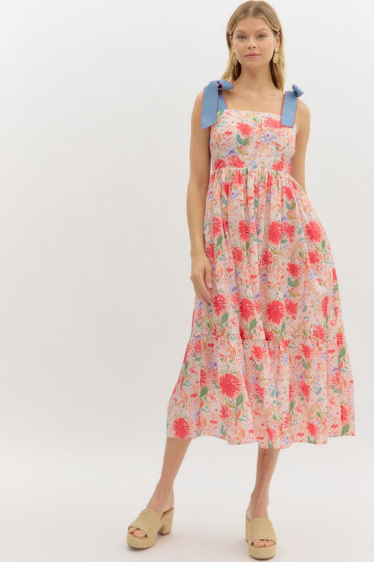 Floral Middi with Denim Shoulder Ties