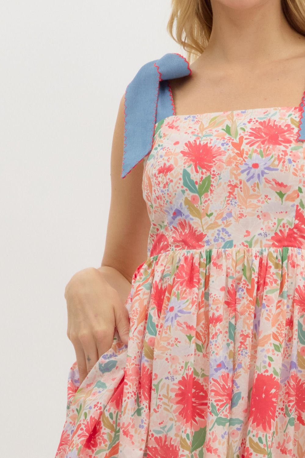 Floral Middi with Denim Shoulder Ties