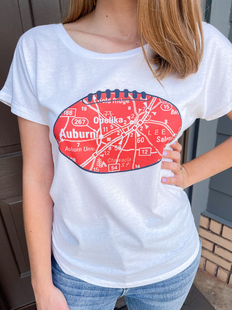 White Auburn Tee With Hometown Map in Football